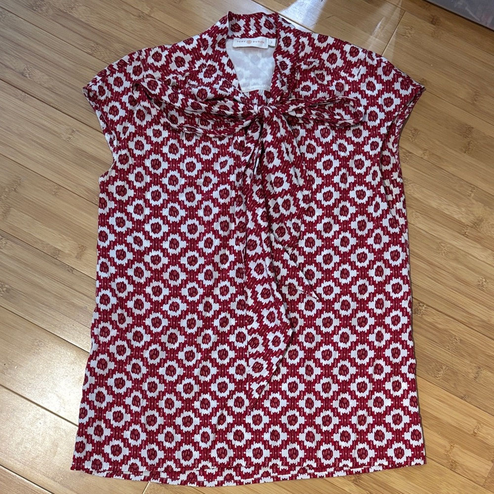 Tory Burch Red and White Patterned Blouse